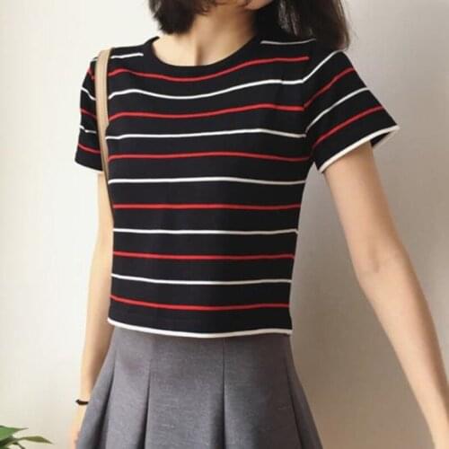 2019 Striped Short-sleeved T Shirt Women Summer Korean Fan New Student Short Tight-fitting Umbilical Bottoming T-shirt Women