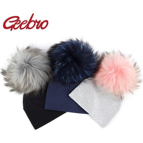 Geebro Newborn Kids Baby Boys Girls Warm Winter Spotted Cotton Beanie Multi-color Real Fur Pompm Bobble Hat Cap Winter Warm Hat