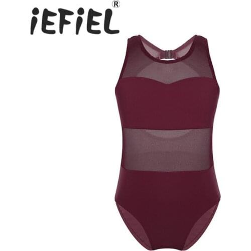 IEFiEL Kids Girls Children Ballet Dancewear Mesh Splice Cutout Back Ballet Dance Gymnastics Leotard Jumpsuit Dancing Clothes