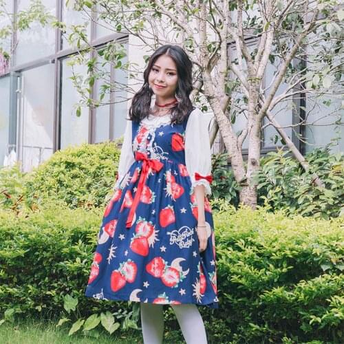 Kawaii Lolita Dress Strawberry Angel OP Dress Japanese Cute Lady Short Sleeve Print Lolita Princess Dress