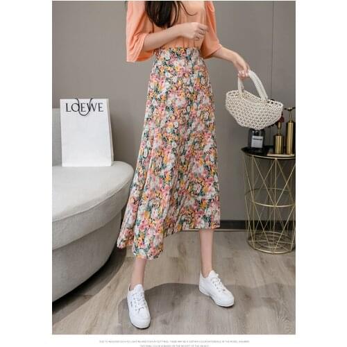 Fashion High Waist Elastic waist Chiffon Skirt Women Flower Print Skirt Womens Summer Womens Floral Skirt