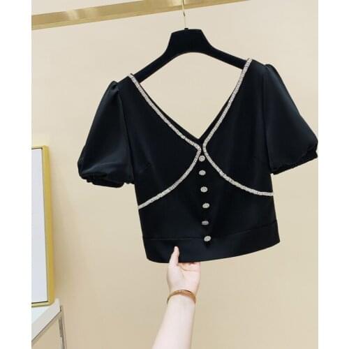 Fashion Design Black Chiffon Beaded Short Women Blouse Summer New 2021 V-Neck Lantern Sleeved Short Empired Female Pulls Tops