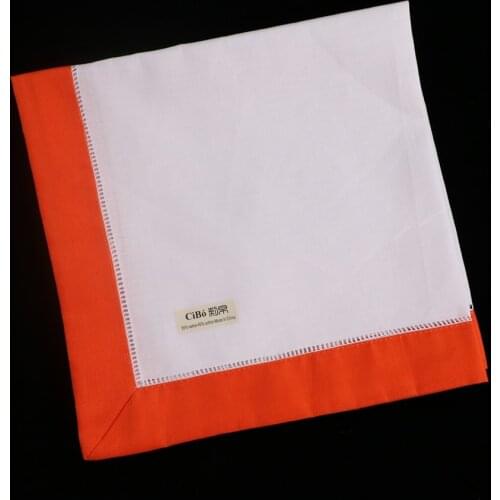 N037-OR-20: 12pieces White Hemstitch Dinner Napkins OrangeRed hem Ramie Cotton Blend Ladder Hemstitch table linen