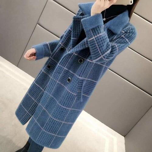 Non-shedding mid-length plaid coat autumn and winter thickening imitation mink velvet jacket female Korean loose cardigan