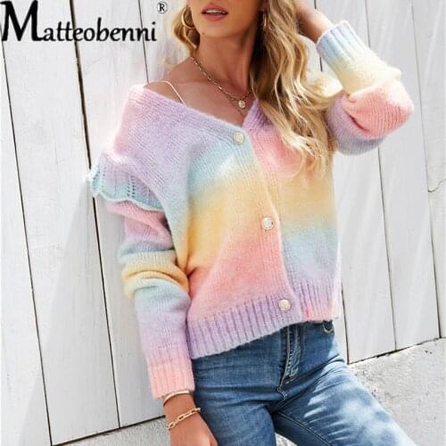 Autumn Winter Womens Vintage Sweater Rainbow Tie-Dye Cardigan Knitted Loose Ruffles Sweater Cardigans For Womens Jacket Trend