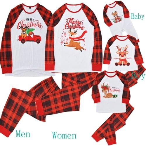 Christmas Family Matching Outfits Pajamas Sets Adults Kids Home Clothes Print Tops+Plaid Pants Xmas Sleepwear Infant Baby Romper