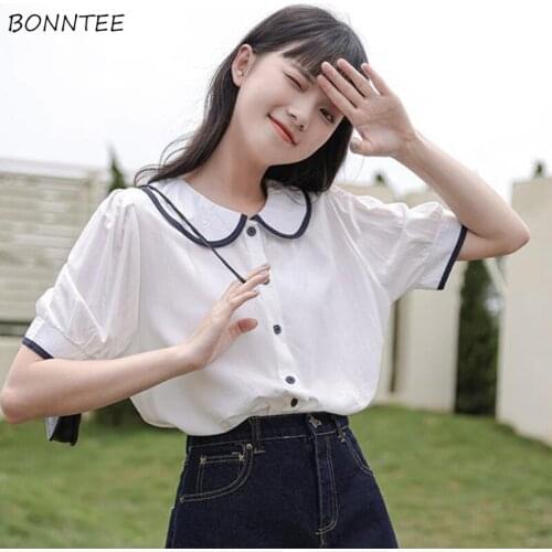 Shirts Women White Short Puff Sleeve Summer Loose French Kawaii Peter Pan Collar Panelled Fashion Design Tops Harajuku Elegant