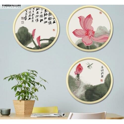 DIY new cross - stitch triplet Chinese lotus bedroom living room decoration hanging picture, triplet 30*30*3