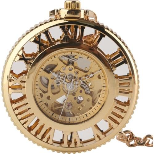 Steampunk Golden Hollow Automatic Mechanical Pocket Watch for Women Men Hollow Roman Number Dial Clock Pendant Necklace Chain