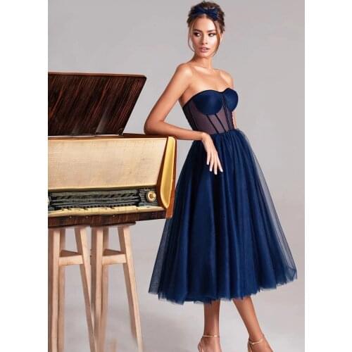 Navy Blue Prom Dresses A-line Sweetheart Tea Length Tulle Dubai Saudi Arabic Robe De Soiree Short Prom Gown Evening Dresses