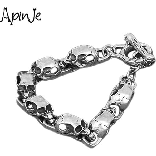 Apinje Vintage 925 Sterling Silver Bracelet Skull Bracelet Men Fashion Bracelet Gothic Jewelry