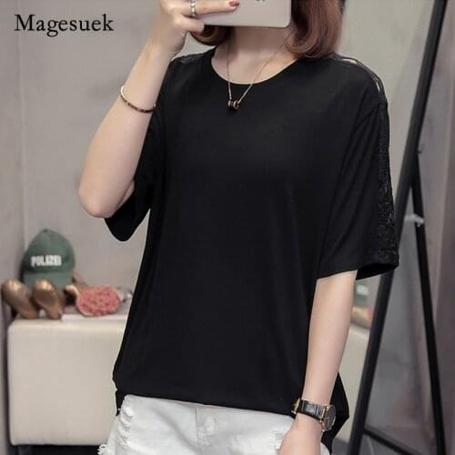 Plus Size Women4XL Cotton T-shirt Korean Style Commuter Short Woman Short Sleeve O-Neck Solid Lace T-shirt Womens Loose 9015 50