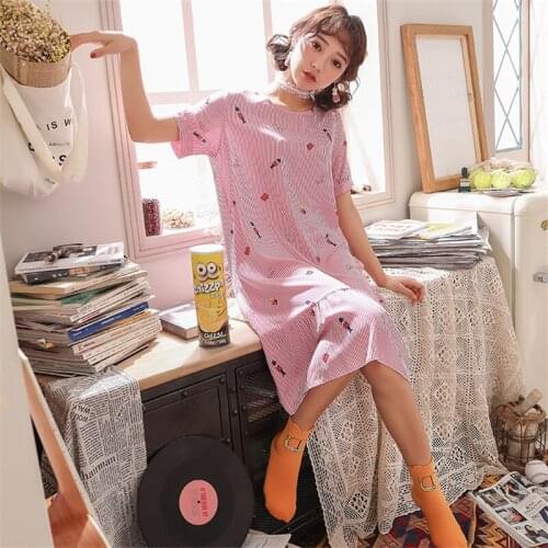 Nightdress female summer cartoon striped Nightwear loose home clothes casual cute fashion hot sale pink soft пижама