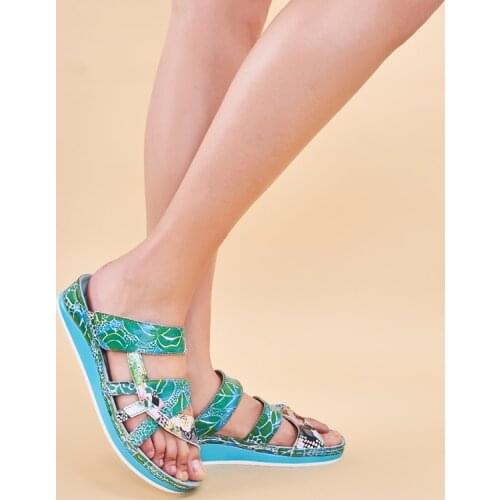 LAURA VITA Retro Genuine Leather Adjustable Shoes Handmade Floral Sandals Casual Flat Shoes Comfortable Women Shoes BRUEL 058