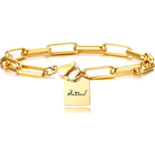 Cutsom Rectangle Chain Bracelet Personalized Womem Charm Paper clip Link Stainless Steel Female Bohemian Initinal Bracelet