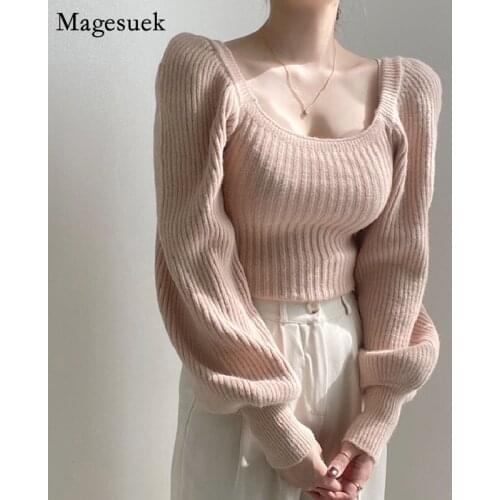 Autumn Winter Square Neck Puff Sleeve Womens Sweater Solid Warm Knitted Women Pullover Long Sleeve Slim Woman Sweaters 16062