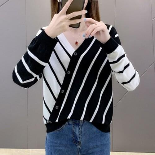 Plus Size 4XL Loose Button Patchwork Striped Knitted Pullovers Women Korean Style Non-Symmetrical Knitwear Tops Spring Sweaters