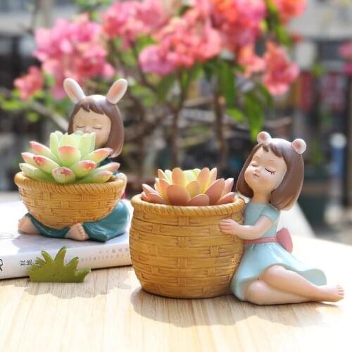 Creative Fresh Girl Resin Succulent Potted Flower Pots Home Garden Desktop Decoration Plants Pot (Not Included Plants)