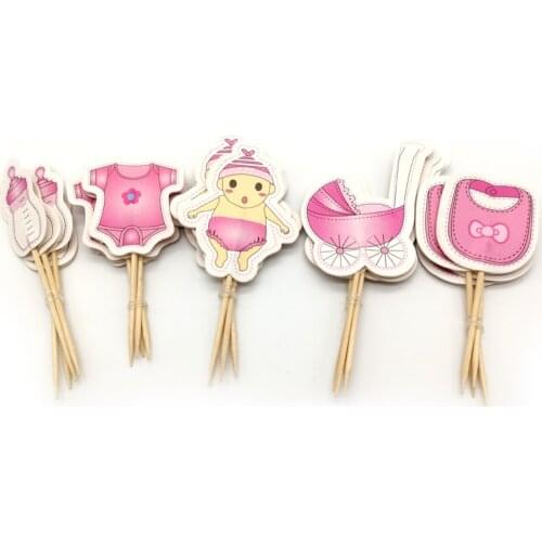 24pcs/lot Happy Birthday Events Party Decorations Baby Carriage Girls Bottle Theme Cupcake Toppers Baby Boys Shower Cake Topper