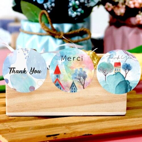 60pcs Watercolor Thank You Merci Seal Stickers Creative Colorful Castle Tree Gift Sticker Bakery Candy Bags Sealing Labels