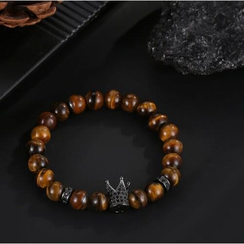 8mm Top Level Brown Tiger Eye Beads Bracelet Bangle Micro Inset Crown Alloy Accessories Jewelry Fashion Elastic Bracelet Unisex