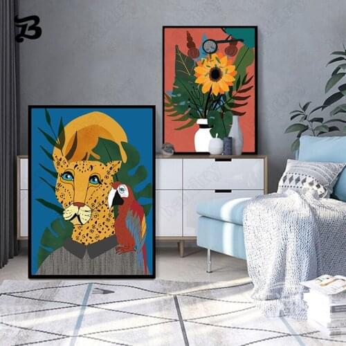 Nordic Abstract Posters Animal Flowers Canvas Painting Wall Art Lion Bird Print Morden Wall Pictures for Living Room Home Decor