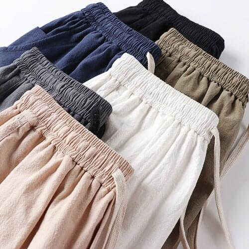 Summer spring men vintage calf length pants linen cotton plus size khaki Straight pants Stretch 54