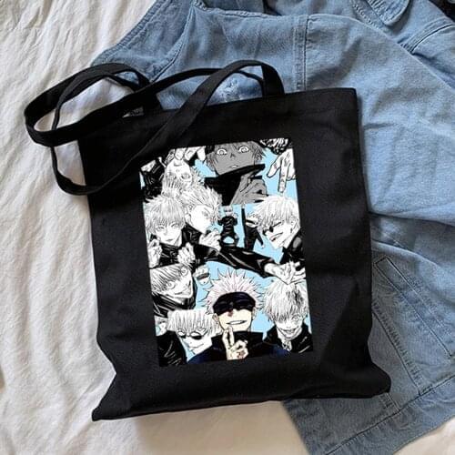 Anime Jujutsu Kaisen Canvas Bag Khaki Black Shopping Bag With Zip Korean Vintage Shoulder Bags Shopper Women Teacher Gift Bolsos