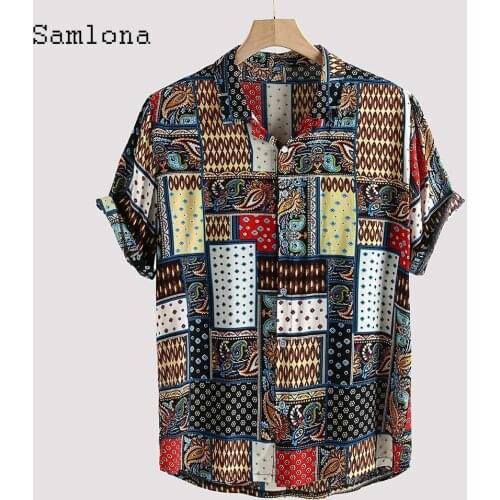 Samlona Plus Size 3xl Men Classic Shirts Linen Tops Sexy Men clothing 2021 Patchwork 3D Print Blouse Mens Elegant Fashion Shirt