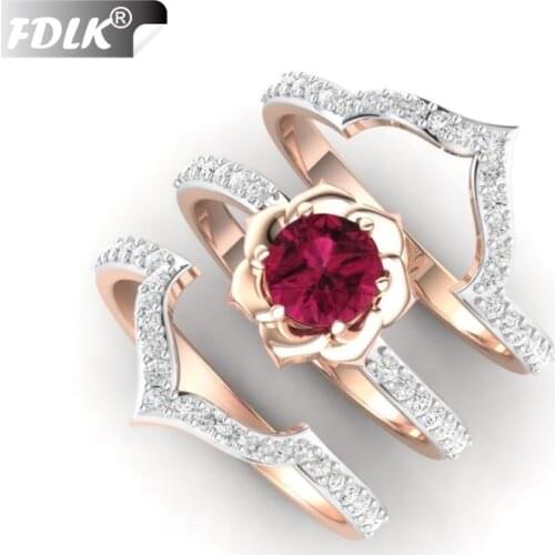 FDLK 3Pcs/Set Exquisite Rose Gold Flower Ring Anniversary Proposal Jewelry Women Engagement Wedding Band Ring Set