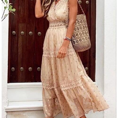 Summer Deep V Sleeveless Chiffon Dress Bohemian Beach Long Dress Elegant Sweet and Shiny Printed Polka Dot Lace Fringe 2021 New