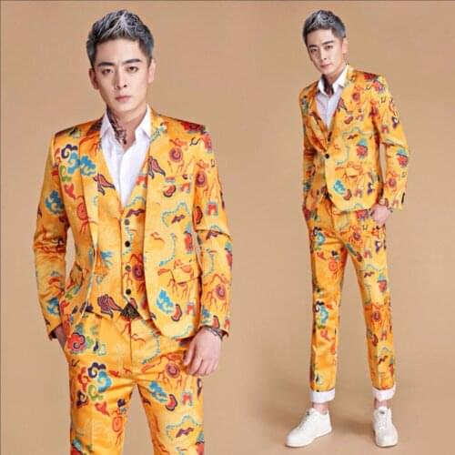 M-3xl New Men Print Suits Golden Yellow Chinese Dragon Slim Suit Dress Nightclub Singer Performance Costume Hairstylist Clothing