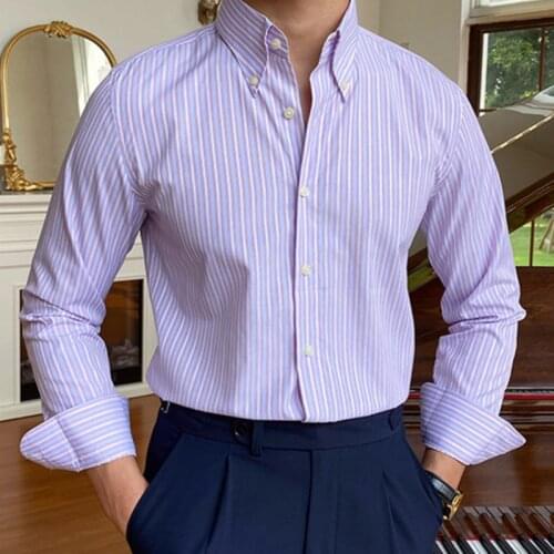 British Fashion Slim Shirt Trend Men Shirt Office Tuxedo Shirt Social Business Stripe Shirts Mens Cuba Collar Long Sleeve Shirt