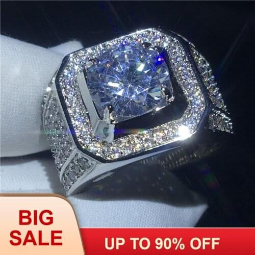 Handsome solitaire male ring 10mm AAAAA Zircon Cz Silver color Engagement wedding band ring for men Finger Jewelry