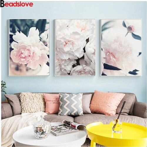 Pink peony Flower diamond painting full drill square round diamond embroidery 3pcs set still life home decoration 2020 gift