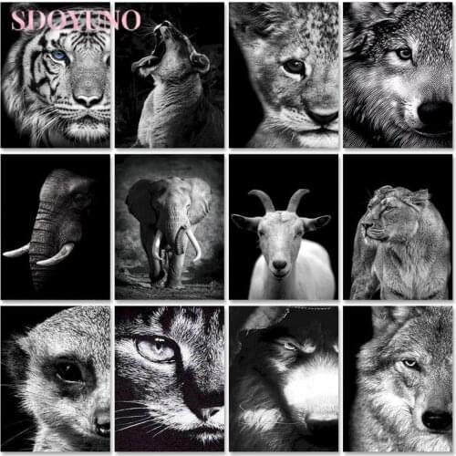 SDOYUNO Frame Painting By Numbers For Adults Black Animals Lion Diy Picture By Numbers Handpainted Coloring Wall Home Decor