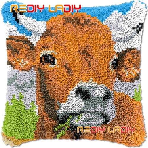 Latch Hook Cushion Farm Cow DIY Needlepoint Kits Chunky Acrylic Yarn Arts Crocheting Lofty Pillow Case Hobby & Crafts