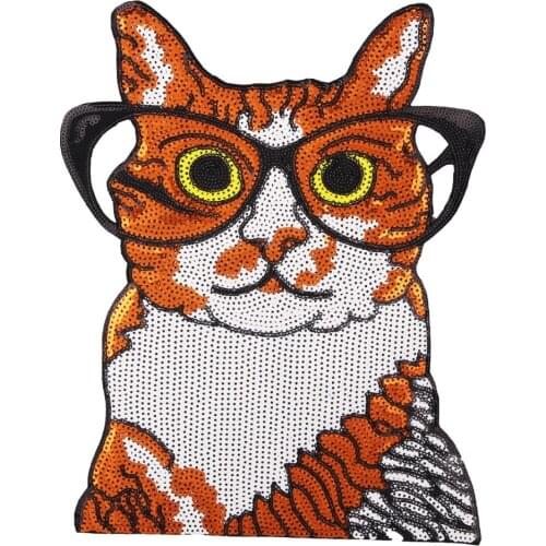 New Arrival Large Sequined Cat Iron on Patches for Clothes Jeans Big Motif Embroidery Applique Animal Sequin Patch DIY 1 Piece