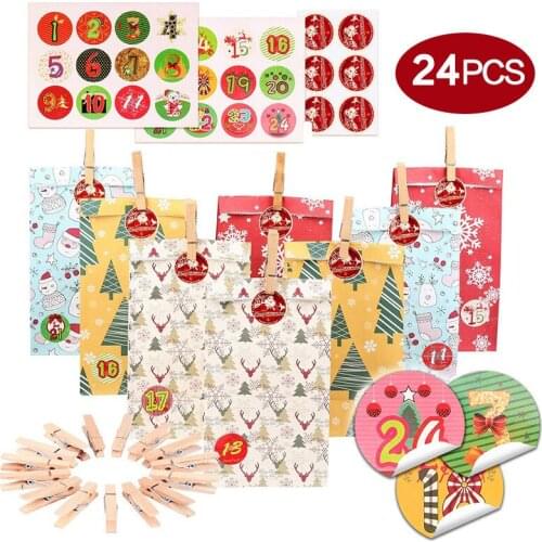 New Design 24pcs Cute Baking Gift Paper Bag 1-24 Advent Calendar Christmas Kraft Paper Candy Bag Gift Bag Home Accessory