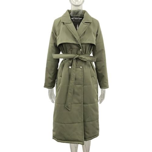 Malina Long Turn Down Collar Parkas Women Fashion Double Breasted Coats Women Elegant Tie Belt Cotton Jackets Female Ladies