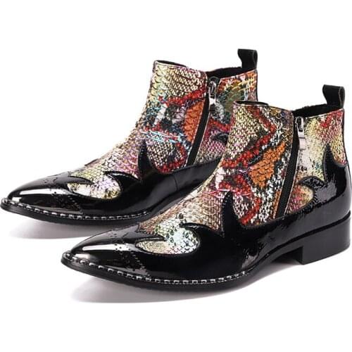 Spring Snake Skin Mixed Colors Men Chelsea Work Ankle Boots Men Thick Mid Heels Dress Metal Toe Shoes Man Fashion Footwear 2022