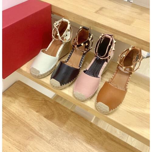 New Summer Sandals Round Toe Women Sandals Rivet Women Shoes Buckle Strap Genuine Leather Fashion Fisherman Comfort High Heels