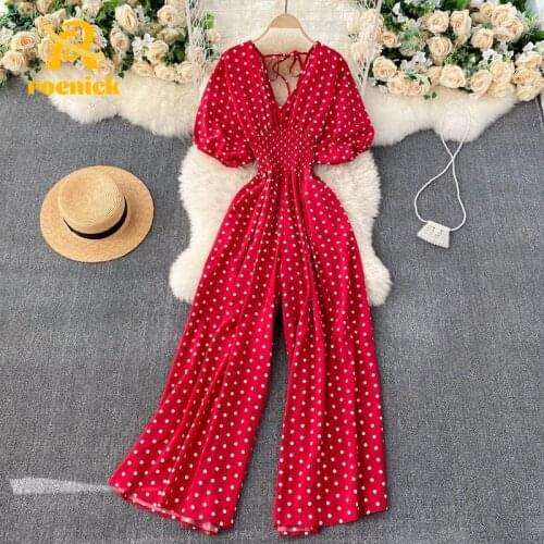ROENICK Women European American Puff Sleeve Jumpsuits Vacation Dot Waist One-Piece Wide-Leg Overall Red Slim Full Length Rompers