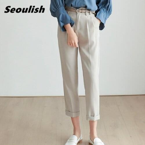Womens Formal Straight Pants with Belt High Waist Elegant Office Lady Ankle-Length Casual Loose Pants Pockets 2021 Korean Style