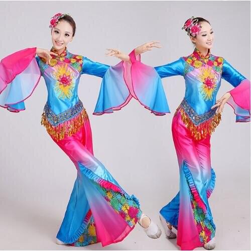 094) Customize woman blue pink lace sleeves girl sequins Embroidery Chinese classical/yangko/umbrella/drum/folk dance costumes