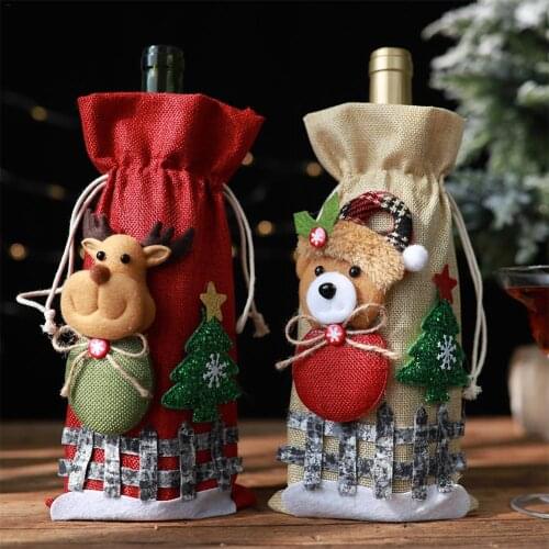 "10pc Christmas Red Wine Bottle Covers Bag Christmas Decorations for Home Champagne Linen Holiday Santa Claus Model Number"