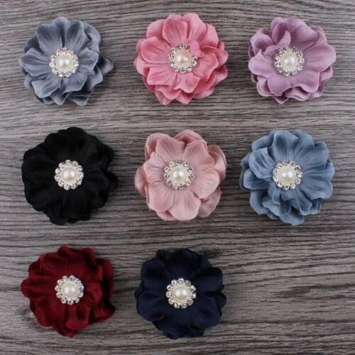 50pcs/lot 4.6cm 8colors Hair Clips Mini Felt Flower+Rhinestone Pearl Bead For Hair Accessories DIY Fabric Flowers For Headbands