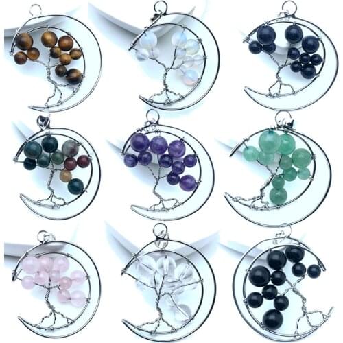 7 Chakra Quartz Natural Stone Tree of Life Crescent Pendant Necklace Healing Crystal Necklace Pendant Reiki Jewelry