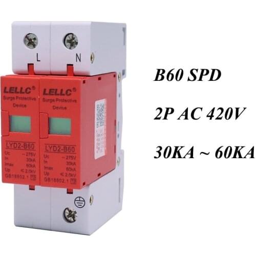 B60-2P 30KA~60KA ~420V AC SPD House Surge Protector Protective Low-voltage Arrester Device 1P+N Lightning protection
