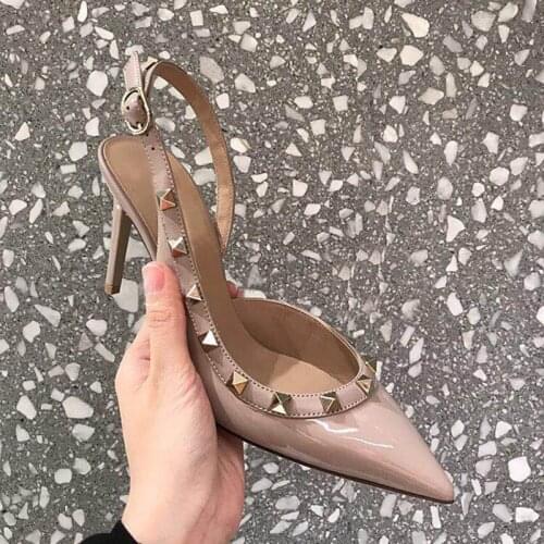 Rivet High Heels Womens Stiletto Heels Fall 2020 New Nude Patent Leather Snap On Sandals Pointed Sexy Single Shoes